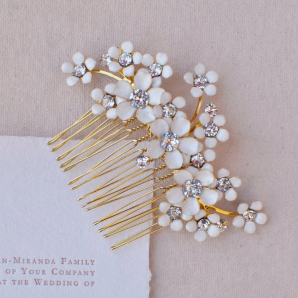 White Enamel & Crystal Hair Comb by Lindsey Maire